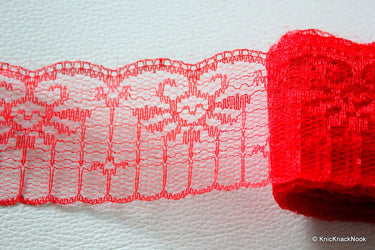 Red Embroidered Net Lace Trim Ribbon 50mm wide, 2Yards